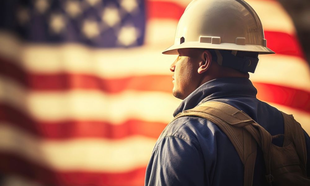 Arbeiter mit Helm vor Flagge der USA - Arbeitsmarkt Statistik März 2024 Fed-Zins-Entscheid (Foto: Freepik, user8647581)