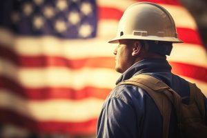 Arbeiter mit Helm vor Flagge der USA (Foto: Freepik, user8647581) - Arbeitsmarkt USA heute: Statistik für März 2024 – vor dem Fed-Zins-Entscheid