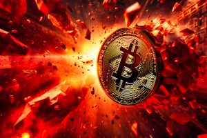 Bitcoin-Münze prallt gegen eine Wand und explodiert (Foto: Freepik, 3DdarkZone)