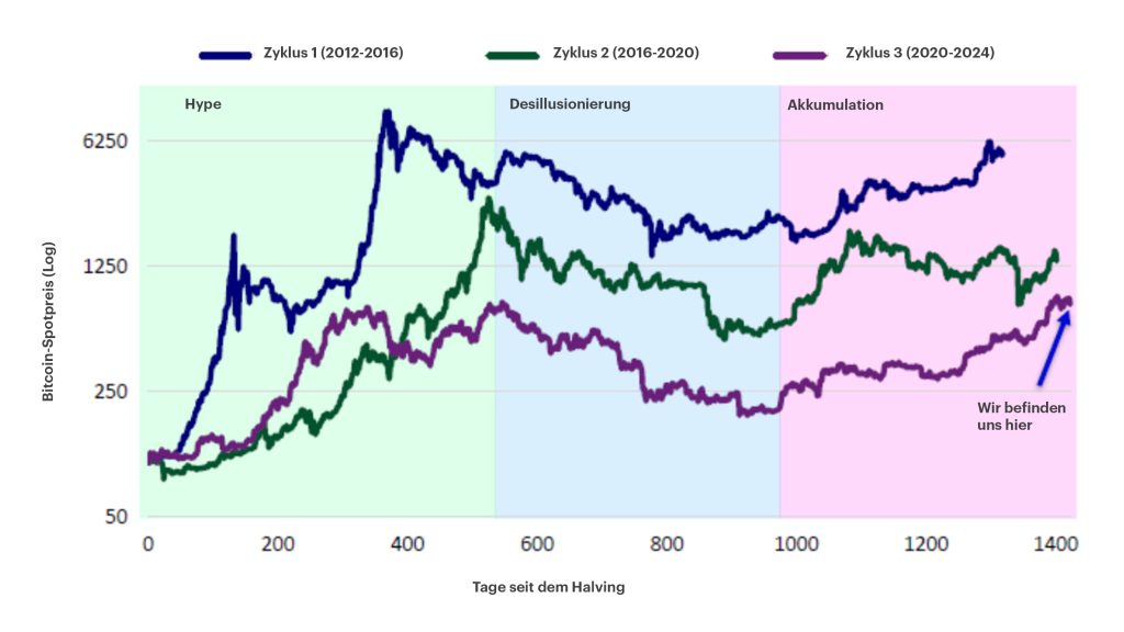 Chart: Bitcoin-Spotpreis (Log) und Tage seit dem Halving.