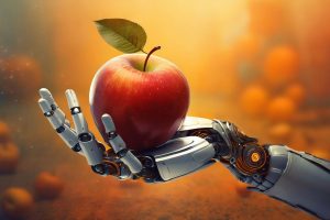 Eine Roboterhand hält einen Apfel (Foto: Freepik, user10945107) - Apple Hauptversammlung 2024: nebulöse KI-Entwicklung – Aktionäre wollen Transparenz
