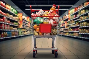 Einkaufswagen voller Produkte in einem Supermarkt (Foto: Freepik, chandlervid85) - Inflation Dezember 2023: aktuelle Preis-Entwicklung in Deutschland und Zins-Ausblick