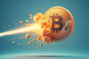 Fliegende Bitcoin-Münze mit einem Raketenstrahl - Mega-Bull-Run Prognose Update Halving (Foto: Freepik, kalebsp)