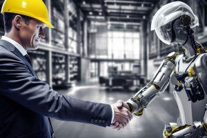 Handshake zwischen Mann mit Helm und Roboter (Foto: freepik) - Mensch und Maschine Aktie: die Geld-Druck-Maschine - Aufwärtstrend bei Dividende & Co