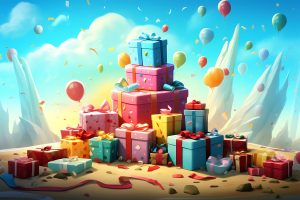 Illustration mit einem Berg von Geschenken, darum Konfetti und Luftballons (Foto: Freepik, badolmia742) - Sachdividende bei Aktien: netter Bonus für Anleger – das bieten Unternehmen