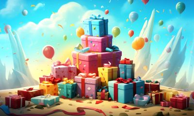Illustration mit einem Berg von Geschenken, darum Konfetti und Luftballons - Sachdividende Aktien Bonus (Foto: Freepik, badolmia742)