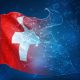 Illustration der Schweizer Flagge, die in einer digitalen Struktur ausläuft (Foto: freepik, coffeemill)