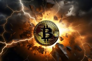 Bitcoin-Münze vor einem Gewitter mit Blitzen - das Binance-Beben (Foto: Freepik, Laytajorus) - Binance und CZ: Rücktritt des Krypto-CEO – Börse hat Geldwäsche ermöglicht