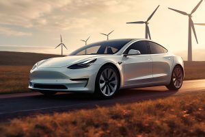 E-Auto von Tesla vor Windkraftanlagen (Foto: Freepik, Reazour Rahaman Rabbi) - Tesla Quartalszahlen: Preiskampf – ruiniert Musk die Margen? Prognose und Übersicht
