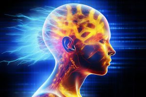 Illustration eines Kopfes mit Nervenbahnen und Blitzen (Foto: freepik, user21084936) - ALS und Schlaganfall: KI bringt Sprache zurück