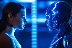 Frau und Roboter stehen sich gegenüber (Foto: freepik, outkastdesign) - Bewerbungsgespräch mit KI: US-Firmen setzen auf Künstliche Intelligenz