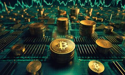 Bitcoin Münzen auf einer grünen Computerplatine mit Chart im Hintergrund (Foto: Freepik, 3DdarkZone)