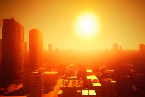 Hitze und Sonne über einer Stadt (Foto: Freepik, Fantastic Studio) - Hitze-Städte: Kühlung durch Hightech und bewässerte Flächen