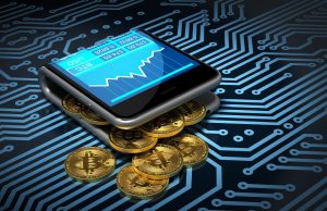 Umgeklapptes Handy mit Bitcoin-Münzen auf einer Leiter-Platine (Foto: freepik, 3DSculptor) - Private Krypto-Investoren: aktuelle Studie zu Stimmung und Anlageverhalten