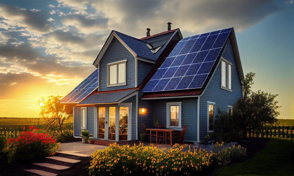 Blaues Einfamilienhaus mit Fotovoltaik-Anlage bei Sonnenuntergang (Foto: freepik, Arosh Khan)