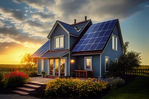 Blaues Einfamilienhaus mit Fotovoltaik-Anlage bei Sonnenuntergang (Foto: freepik, Arosh Khan) - Immobilien Preise sinken: minus 5 Prozent – geht es weiter runter?